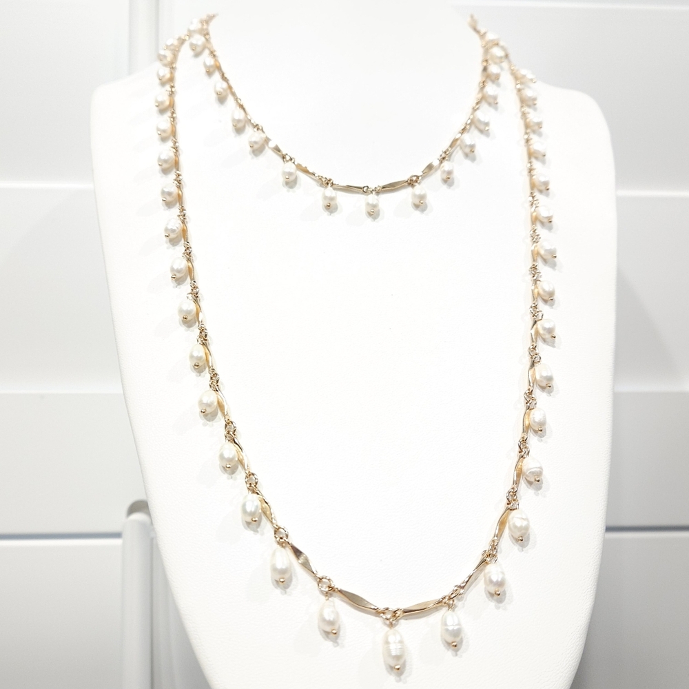 Freshwater White Pearl Gold Plated Station Chain Pearl Drops Necklace 50" Long
